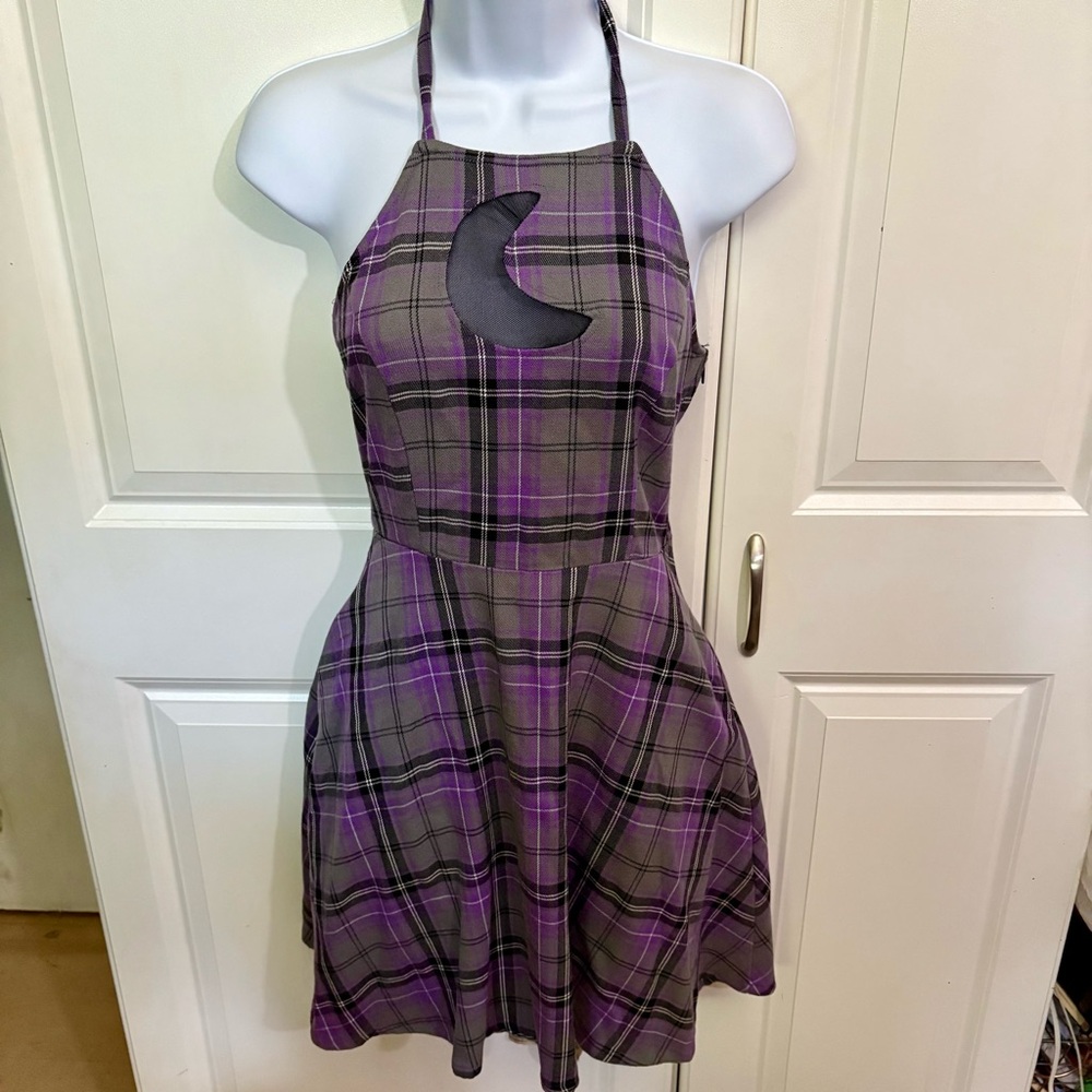 Purple Plaid Moon Cutout Halter Dress